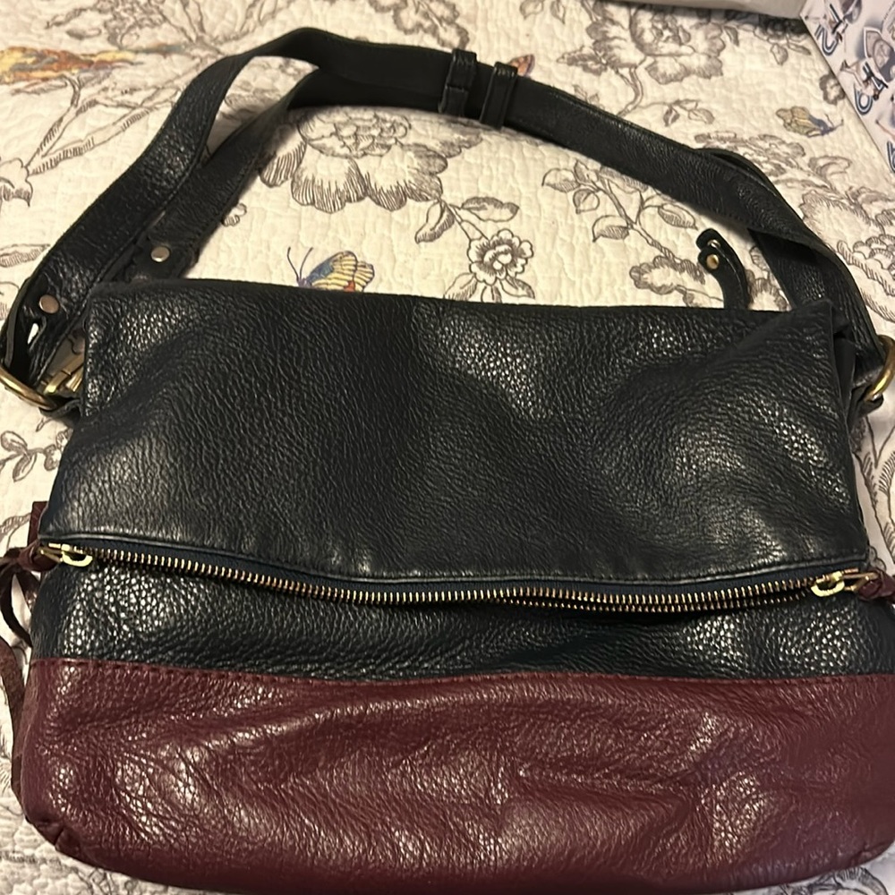 Roots dark blue & purple leather satchel bag